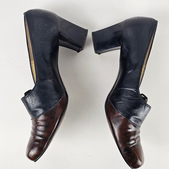 Vtg 1970s two tone leather square toe retro mod block heel pumps shoes 7.5 - Picture 4 of 8